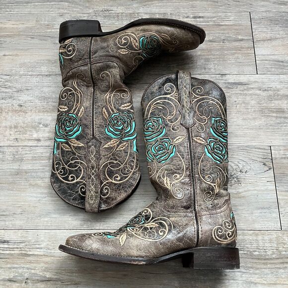 Soto Boots Women's Cowgirl Boot Turquoise Rose Inlayed Western Size 8 Brown Blue - Picture 2 of 11